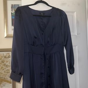 Navy Silk Midi Button Down Dress